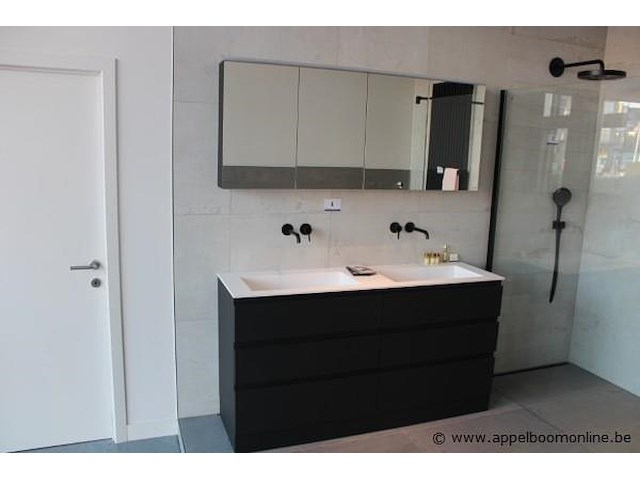 Showroom badkamermeubel vv dubbele spoelbak plus spiegelkast afm 160x47cm / 160x15cm - afbeelding 1 van  3