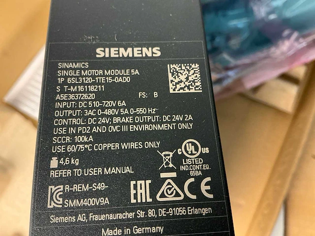 Siemens sinamics 1p 6sl3120-1te15-0ad0 single motor module 5a - afbeelding 6 van  7