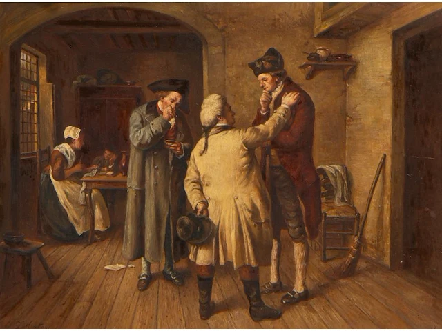 Signed 'j. matou', the advisor and the appraiser, oil on mahogany 40 x 51.5 cm. (15 3/4 x 20.28 in.), frame: 60 x 73 cm. (23.62 x 28.73 in.) - afbeelding 1 van  6