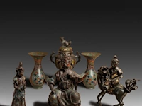 Six japanese champlevé enameled bronzes; three figures, a pair of vases and a censer, 19th/20thc, tallest h 46 cm