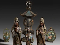 Six japanese champlevé enameled bronzes; three figures depicting kannon, a large pagoda shaped censer and two vases, signed, 19th/20thc, tallest h 92 cm