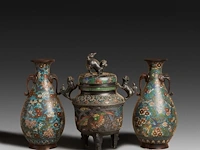 Six japanese champlevé enameled bronzes; three figures, one pair of vases and a censer, 19th/20thc, tallest h 48 cm