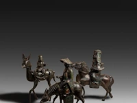 Six japanese champlevé enameled bronzes; three mounted figures, a pair of vases and a censer, 19th/20thc, tallest h 45 cm
