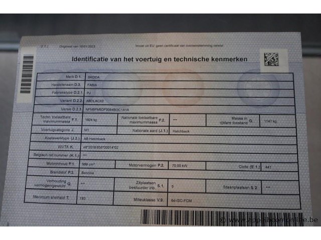 Skoda fabia, tmbep6pjxn4058006, 1e insch 26/07/2022, 67336km, 70kw, 999cm³, benzine, manueel, hatchback, euro 6d, mtm 1604kg, tarra 1147kg, keuring tot 26/07/2026, inschrijvingsbewijs deel i en gelijkvormigheidsattest - afbeelding 9 van  19