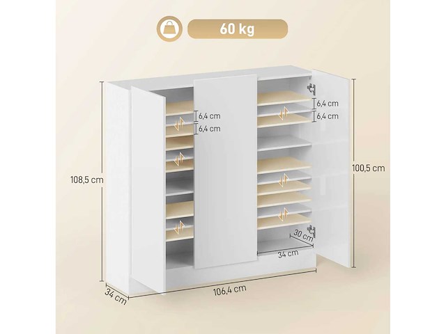 Slanke schoenenkast met entree voor 25-30 paar schoenen met zachte deuren, glanzend wit - afbeelding 3 van  6