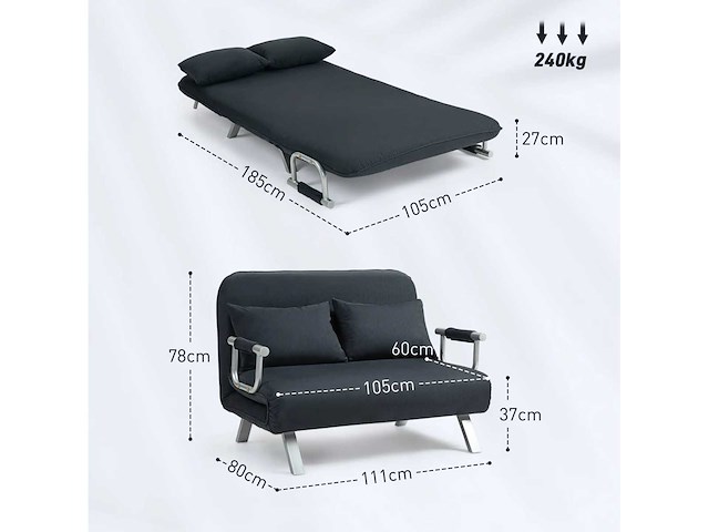 Sofa, verstelbaar in 5 standen, suède bekleding, stalen frame, kussens inbegrepen, zwart - afbeelding 3 van  5