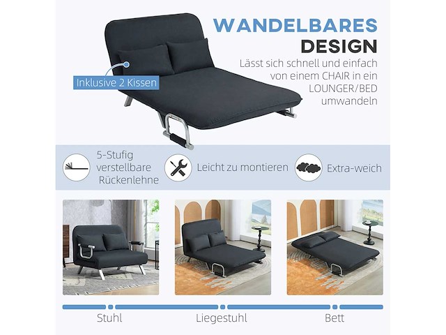 Sofa, verstelbaar in 5 standen, suède bekleding, stalen frame, kussens inbegrepen, zwart - afbeelding 4 van  5