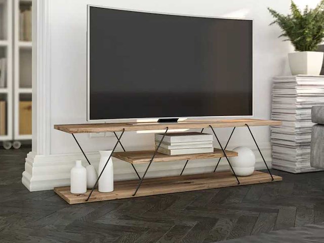 Spanplaat en metalen tv-meubel met drie planken - afbeelding 1 van  7