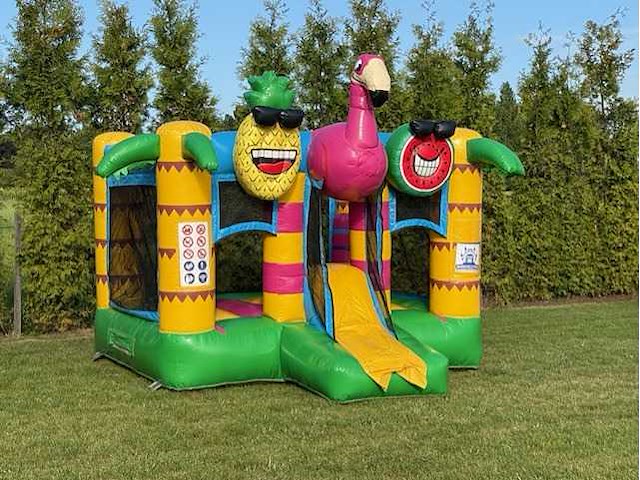 Springkasteel flamingo met glijbaan - afbeelding 1 van  3