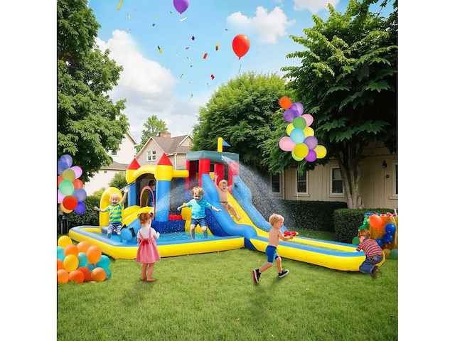 Springkasteel met windtunnel, waterpark, glijbanen, trampoline, klimwand, kanon, basketbalring - afbeelding 1 van  3