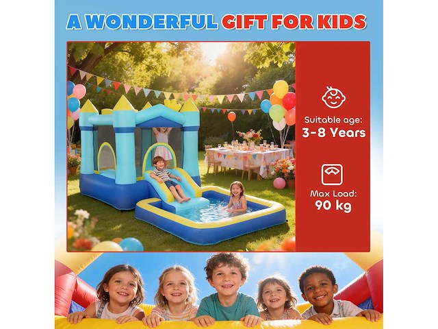 Springkasteel voor kinderen met blazerglijbaan, trampoline, zwembad en basketbalring voor kinderen van 3-8 jaar - afbeelding 3 van  3