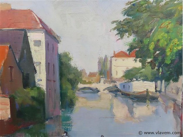 Stadszicht aan rivier, olie op doek, jos tilleux - afbeelding 2 van  3