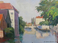 Stadszicht aan rivier, olie op doek, jos tilleux - afbeelding 2 van  3
