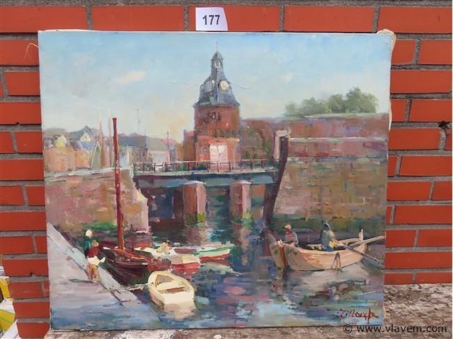 Stadszicht rivier met boten, olie op doek, jos tilleux - afbeelding 1 van  3