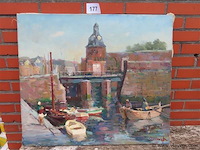 Stadszicht rivier met boten, olie op doek, jos tilleux - afbeelding 1 van  3