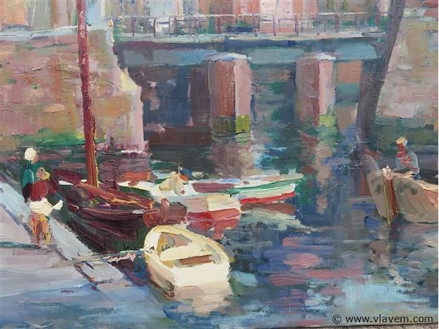 Stadszicht rivier met boten, olie op doek, jos tilleux - afbeelding 2 van  3
