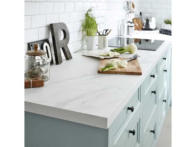 Standaard gelamineerd werkblad wit marmer, 126 x 104 cm breed, dikte 38 mm - afbeelding 1 van  10