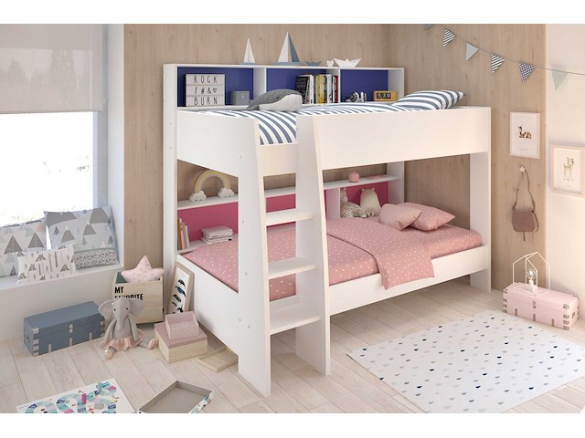 Stapelbed leo incl. matrasbodems - wit/blauw/roze - afbeelding 1 van  7