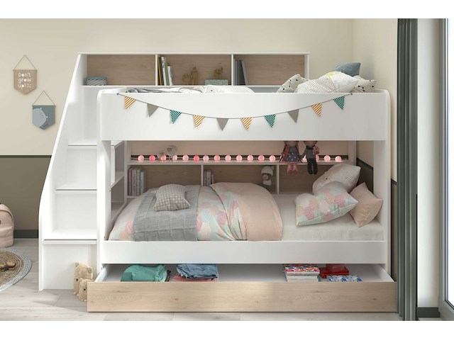 Stapelbed lester 90x200 met opbergruimte - wit/eik - afbeelding 6 van  7