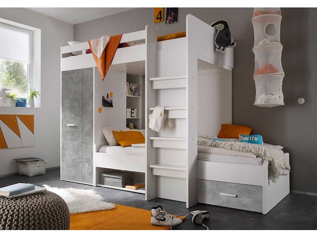 Stapelbed lopes 90x200cm met kast - beton/wit - afbeelding 1 van  4