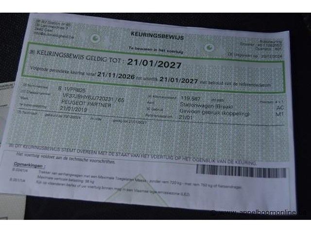 Stationwagen peugeot, partner, vf37jbhy6jj720231, 1e insch 21/01/2019, 1560cm³, 73kw, diesel, euro 6b, 143440km, inschrijvingsbewijs deel i en ii, keuringsbewijs (geldig tot 21/01/2027), gelijkvormigheidsattest - afbeelding 10 van  20