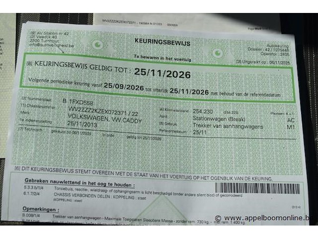 Stationwagen volkswagen, caddy, wv2zzz2kzex072371, 1e insch 25/11/2013, 1598cm³, 55kw, diesel, euro 5, 259314km, inschrijvingsbewijs deel i en ii, keuringsbewijs (geldig tot 25/11/2026), gelijkvormigheidsattest - afbeelding 9 van  20
