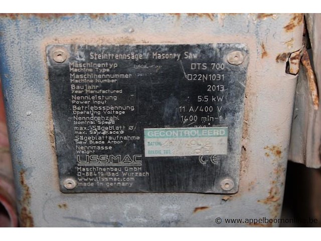 Steenzaag, lissmac, dts 700, 5.5 kw, 400 v, bouwjaar 2013, werking niet gekend - afbeelding 3 van  4