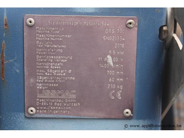 Steenzaag lissmac, dts 700, 5.5 kw, 400v, max. zaagblad ø 700 mm, bouwjaar 2018, werking niet gekend - afbeelding 3 van  3