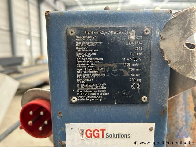 Steenzaagmachine lissmac dts-271, bouwjaar 2013. voorzien van een vermogen van 5,5 kw en een aansluiting van 400 v. - afbeelding 2 van  2