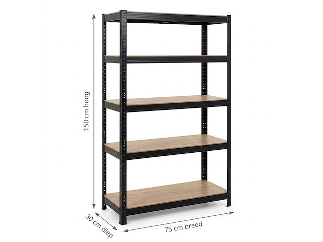 Stellingkast metaal zwart – 5-laags opbergrek 150x75x30 cm – magazijnkwaliteit voor garage en werkplaats - afbeelding 2 van  4