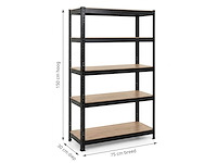 Stellingkast metaal zwart – 5-laags opbergrek 150x75x30 cm – magazijnkwaliteit voor garage en werkplaats - afbeelding 2 van  4