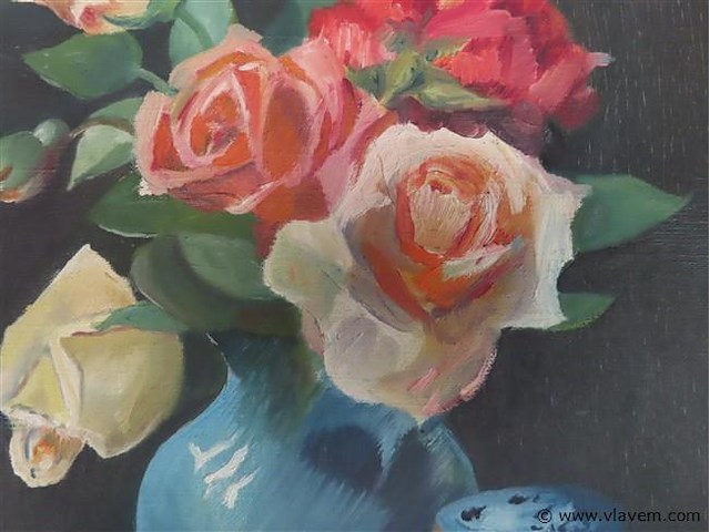 Stilleven bloemen olie op doek - afbeelding 2 van  3