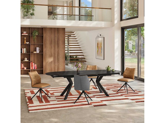 Stoelen in stof en zwart metaal - oker en grijs (x8) - afbeelding 3 van  8