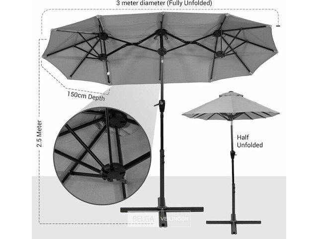 Stokparasol xxl - 300 x 150 cm antraciet incl kruisvoet - afbeelding 3 van  4