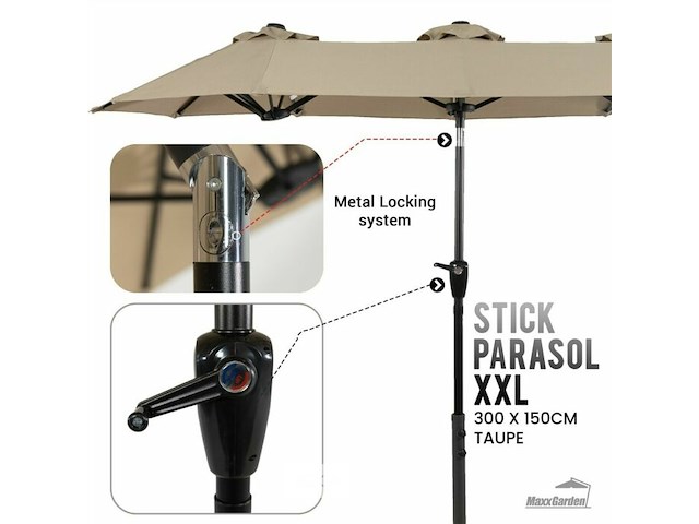 Stokparasol xxl - 300 x 150 cm taupe incl kruisvoet - afbeelding 1 van  3
