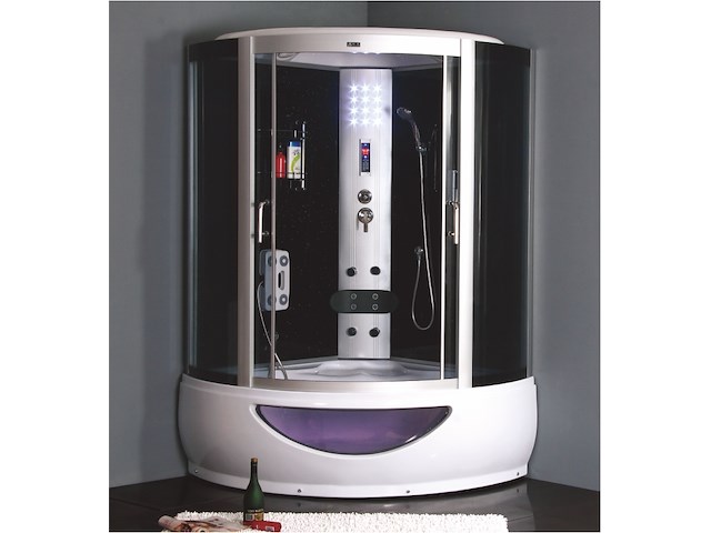 Stoomcabine met whirlpool massagebad - halfrond - wit bad met zwarte cabine 135x135x200cm - afbeelding 2 van  2