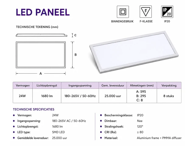 Strak led paneel – 24w – 6400k koud wit – ip20 – zodiac-24 (16 stuks) - afbeelding 5 van  5