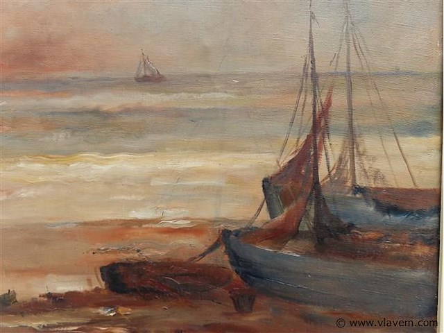 Strandzicht met boten, olie op doek, prosper de roover - afbeelding 2 van  4
