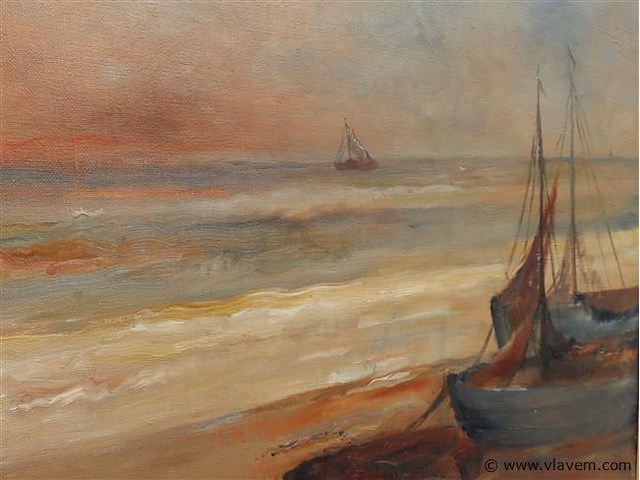 Strandzicht met boten, olie op doek, prosper de roover - afbeelding 4 van  4