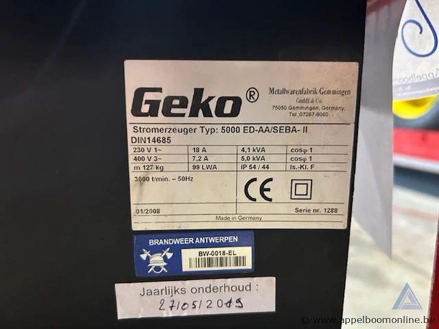 Stroomgenerator geko 5000 ed-aa/seba- ii, bouwjaar 2008, serienummer 1288, 5,0 kw, 230 v / 400 v, 1 / 3 fasen. werking niet gekend. - afbeelding 2 van  2