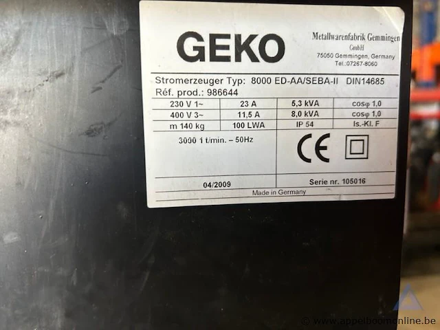 Stroomgenerator geko 8000 ed-aa/seba-ii, bouwjaar 2009, serienummer 105016, 8,0 kw, 230/400 v, 3 fasen, 140 kg. werking niet gekend, 230.400 v - afbeelding 2 van  2
