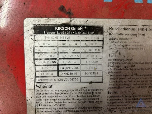 Stroomgenerator kirsch 9 bsve, bouwjaar 2008, 7.2 kw, 230/400 v, 3 fasen, serienummer 11420. werking niet gekend. - afbeelding 2 van  2
