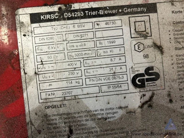 Stroomgenerator kirsch d54293 trier-biewer 6 bsv, bouwjaar 1999, 4.8 kw, 400 v en 230 v uitgang, 114 kg, geluidsniveau 98 db. werking niet gekend. - afbeelding 2 van  2