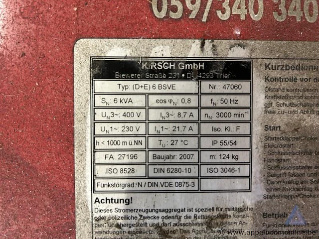 Stroomgenerator kirsch (d+e) 6 bsve, 6 kva, 400 v en 230 v uitgangsspanning, 124 kg bouwjaar 2007, 4,8 kw. werking niet gekend. - afbeelding 2 van  2