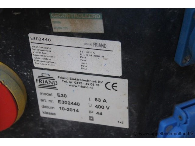 Stroomverdeelkast friand e30 met bouwjaar 2014, 400 v, 3 fasen en serienummer e302440, werking niet gekend - afbeelding 3 van  3