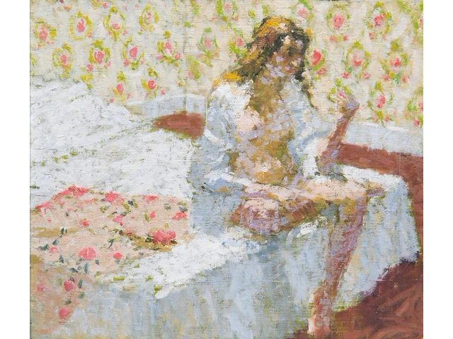 Stuart ray (1916-1985), 'before going to bed', oil on canvas on unalit 32 x 36 cm. (12.59 x 14.16 in.), frame: 41 x 45 cm. (16.14 x 17.71 in.) - afbeelding 1 van  3