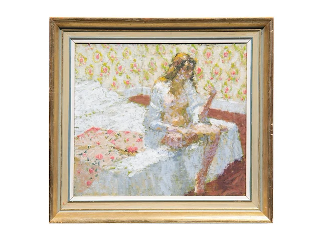 Stuart ray (1916-1985), 'before going to bed', oil on canvas on unalit 32 x 36 cm. (12.59 x 14.16 in.), frame: 41 x 45 cm. (16.14 x 17.71 in.) - afbeelding 2 van  3