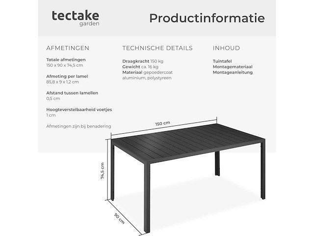 Table de jardin - 150 x 90 x 74,5 cm - noir - afbeelding 5 van  7
