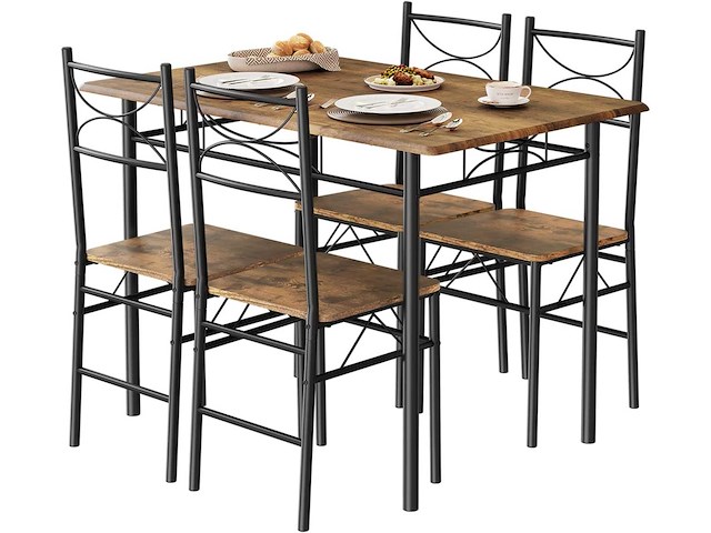 Tafel- en stoelenset voor 4 personen, rustiek bruin en zwart - afbeelding 9 van  10