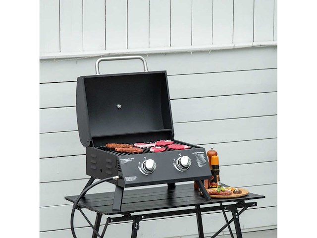 Tafelbarbecue gasbarbecue met 2 branders mobiele grill kleine buitenbarbecue barbecue kampeertafel met regelaar roestvrijstalen slang zwart 55 x 46,5 x 41 cm - afbeelding 1 van  6